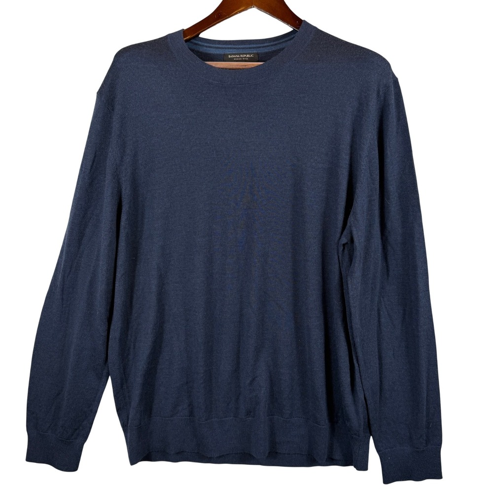 Banana Republic Mens XL Navy 100% Merino Wool Crewneck Sweater Embroidered Logo